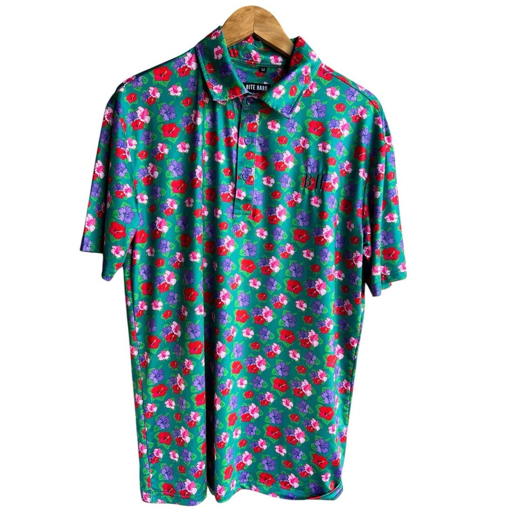 Bite Hard Performance Golf Polo Shirt Mens Medium Green Floral Stretch - Picture 7 of 7